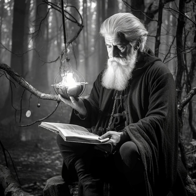 Photo fairy magician a sorcerer with a glass sphere a magical spell and a ritual elder with a staff