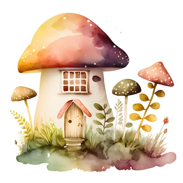 Fairy Mushroom House Watercolor