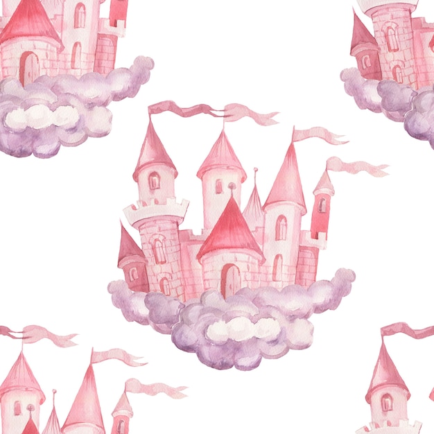 Fairy princess castle hand drawn watercolor illustration Patern seamless set print textile background clipart for little girls for the holiday congratulations Clouds pink color cute picture