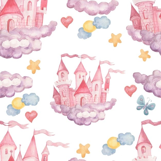 Fairy princess castle hand drawn watercolor illustration Patern seamless set print textile background clipart for little girls for the holiday congratulations Clouds pink color cute picture