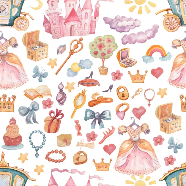 Сказочный замок принцессы рисованной акварельные иллюстрации бесшовные набор печати текстильный фон клипарт для маленьких девочек на праздник поздравление облака розовый цвет милая картинка