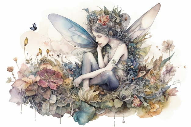 A fairy sits in a flower bed.