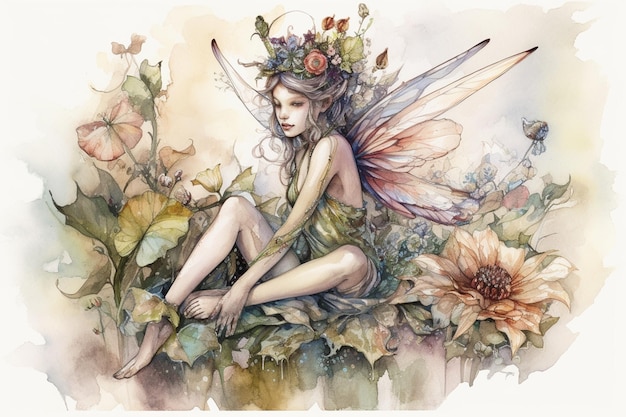 A fairy sitting on a flowery bed of flowers