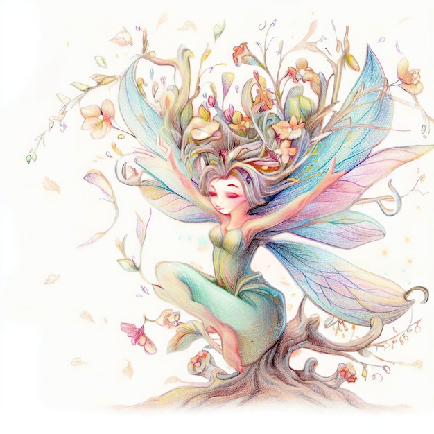 Photo a fairy sitting on a tree with flowers and leaves on it