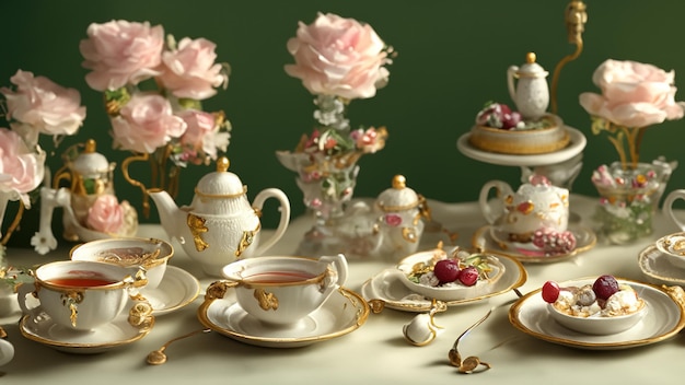 A fairy sized tea party scene with tiny tables teacups and desserts Generative Ai