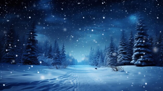 Фото Фея снежный зимний лес и звезды в небе сосновые деревья, покрытые снегом