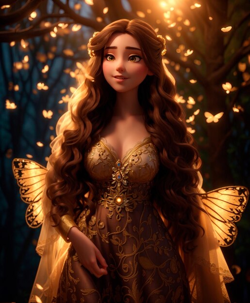 a fairy surrounded by glowing butterflies detailed and intricate lace patterns on her clothes