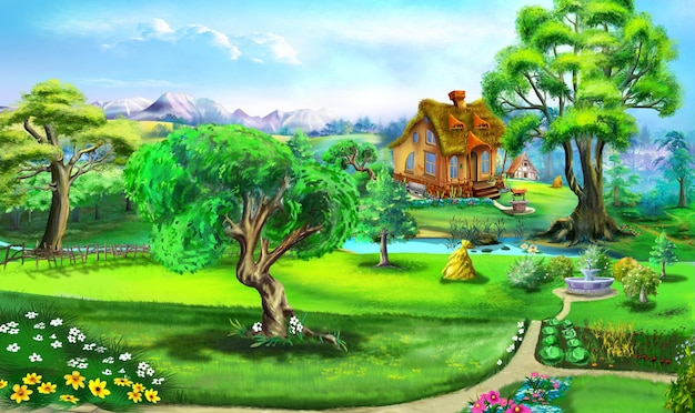 Fairy tale cartoon country house with yard