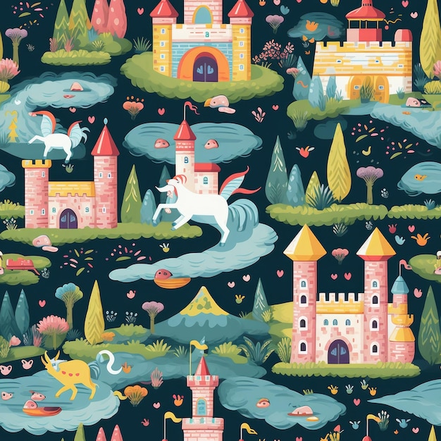 Fairy tale castle dragon seamless pattern