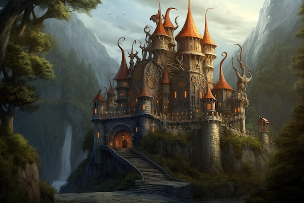 Photo fairy tale castle guarded by friendly dragons