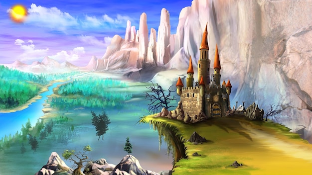 Fairy tale castle in a mountains illustration