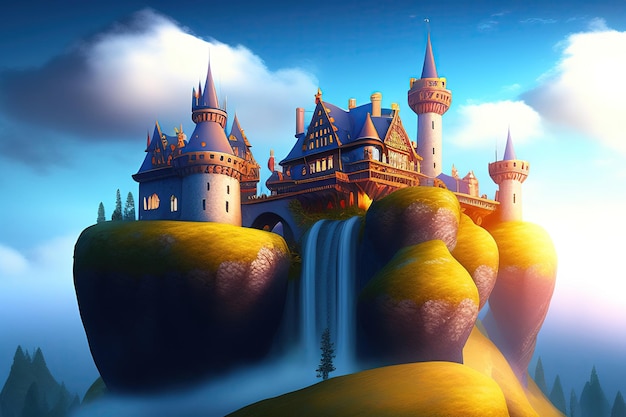 Fairy tale castle The palace is above the clouds in the sky