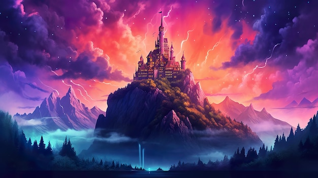 Fairy tale castle perched on a mountaintop ai generate