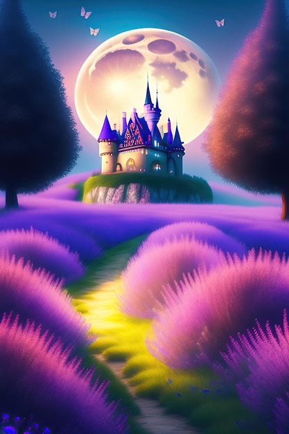 Сказочный замок, окруженный лавандовыми полями, бабочками, цветами, летней ночью, большой луной