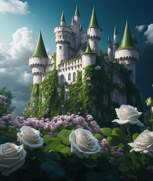 Fairy tale castle surrounded by roses Morning light landscape