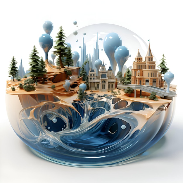 Fairy tale castle in the water 3d render illustration