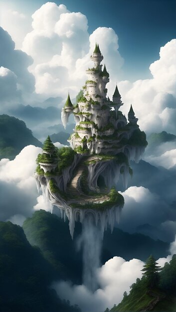 Photo fairy tale fantasy castle floating on a cloudy sky