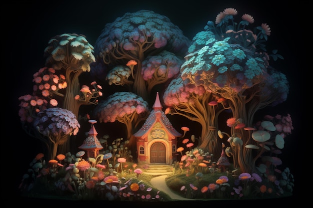 A fairy tale forest scene with a small house in the middle of the forest.