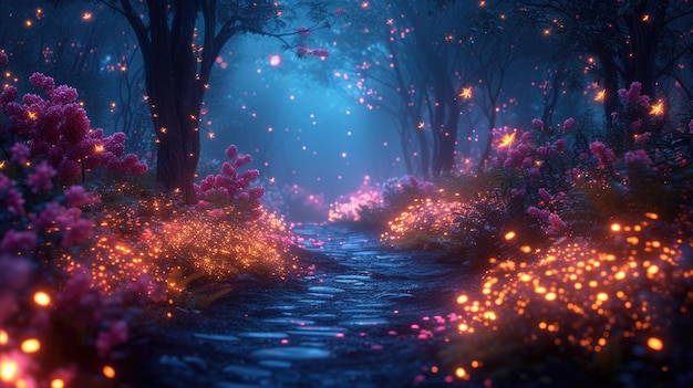 Лес сказки с светящимися цветами путь в темном волшебном лесу светящиеся неоновые растения и огни в стране чудес Концепция фантастического мира природа тайна страны чудес