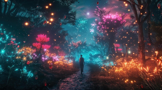 Fairy tale forest with luminous flowers person walks on path in dark magical woods glowing neon plants and lights in wonderland Concept of fantasy world nature wonderland art