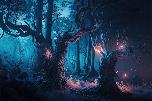Сказочный лес с волшебными деревьями освещает темный ночной фон