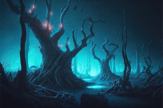 Fairy tale forest with magic trees lights dark night background