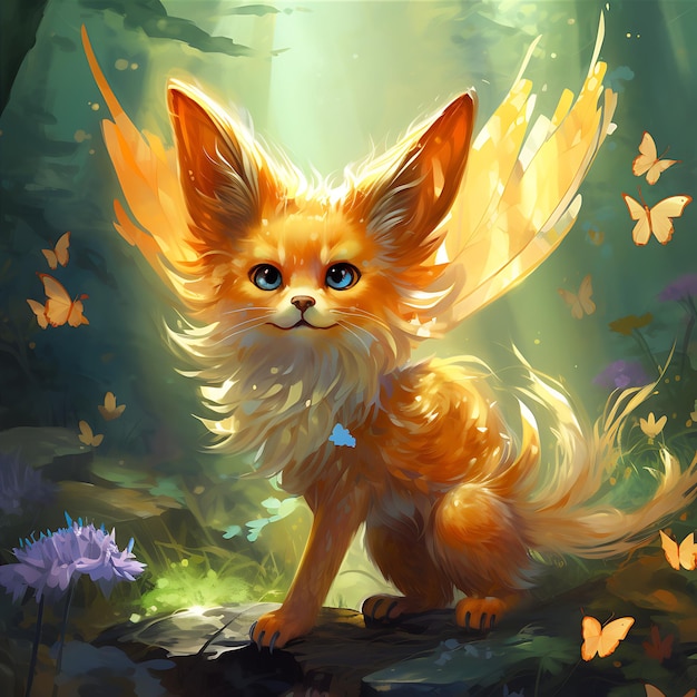 Fairy tale Fox with colorful angel wings illustration digital painting stands in the blurred forest