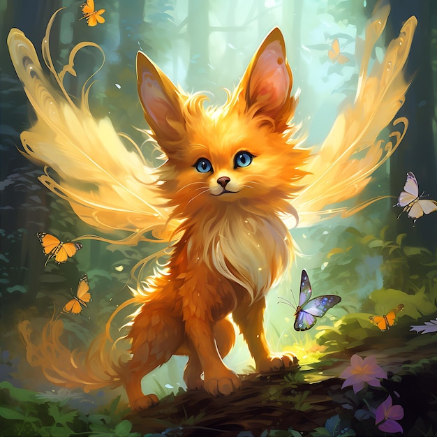 Fairy tale Fox with colorful angel wings illustration digital painting stands in the blurred forest