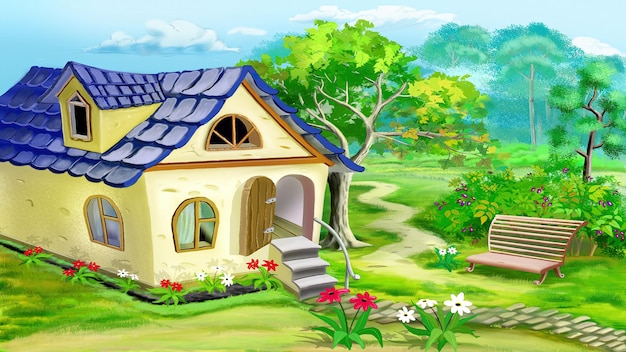 Fairy tale house in a garden illustration