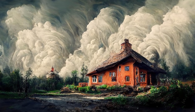 fairy-tale house in voluminous clouds, abstract drawing, oil paintings rural landscape. old village.