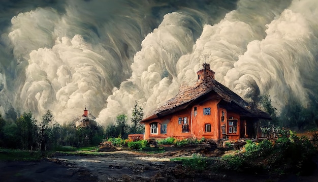 Fairy-tale house in voluminous clouds, abstract drawing, oil\
paintings rural landscape. old village.