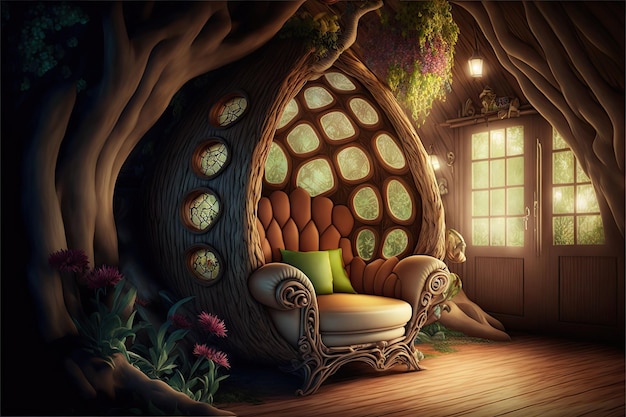 Fairy tale huge soft armchair in wooden hut room created with generative ai