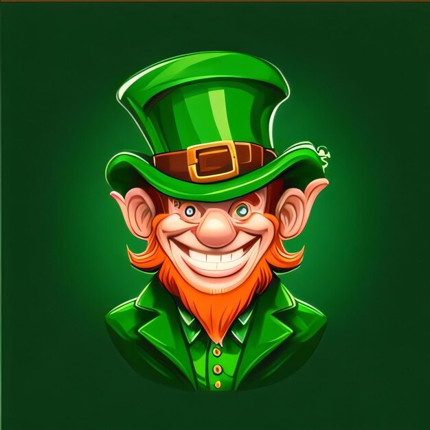 Fairy tale illustration of a smiling leprechaun green suit and cylinder Green color symbol of St Patricks Day