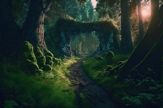 Fairy tale image with fairy forest, tall trees and green grass,\
and a mysterious path, generative a