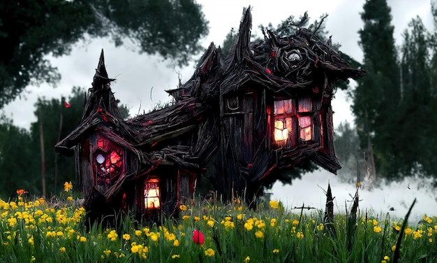 Fairy tale magical witch house glowing wooden doors and windows Witch hunt in the forest Illustration for a book of fairy tales