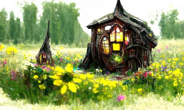 Fairy tale magical witch house glowing wooden doors and windows witch hunt in the forest illustration for a book of fairy tales