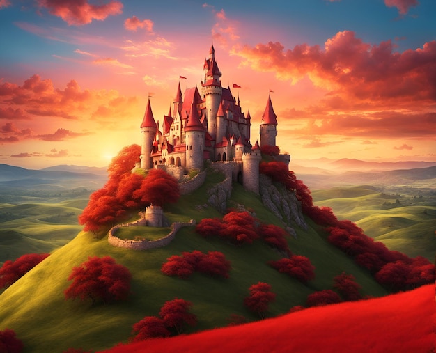 Сказочный средневековый замок на высоком холме, окруженный природным ландшафтом.