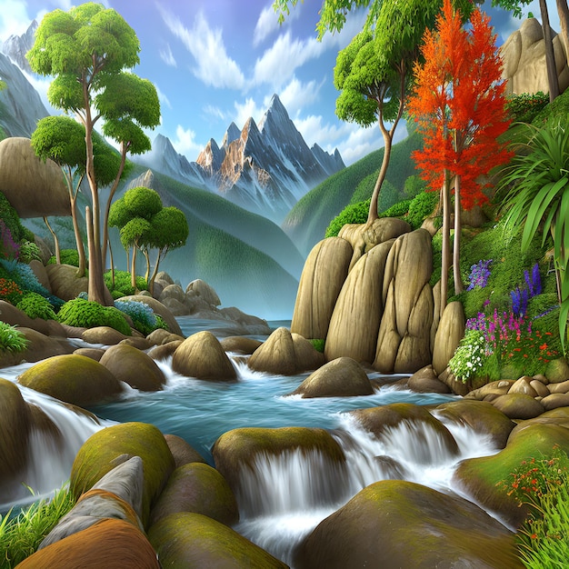 Многоцветная пейзажная картина из сказки