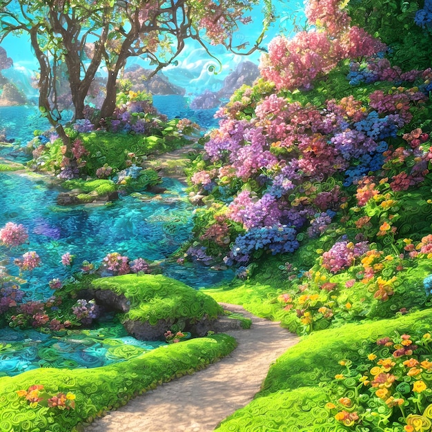 Многоцветная пейзажная картина из сказки