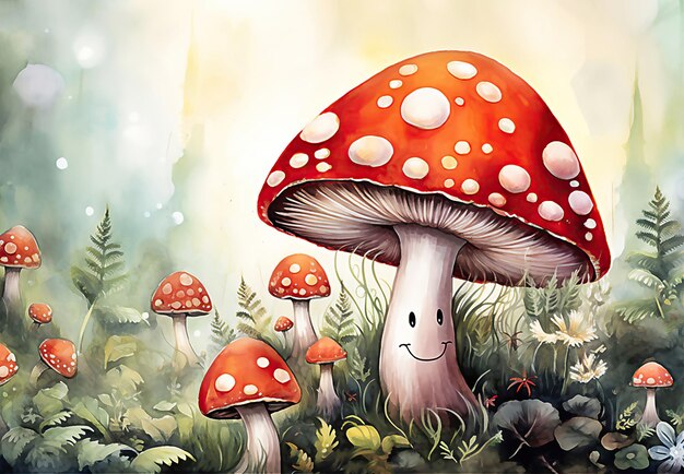 Сказочный гриб с лицом и глазами в волшебном лесу Постобработанное изображение, сгенерированное AI