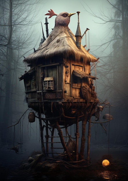 Fairy Tale mystery house in form of a chicken in fantasy world