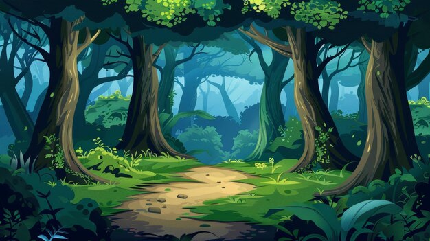 Фото Сказка или игривый фон с туманным лесом и темными деревьями в глубоком лесу современная иллюстрация