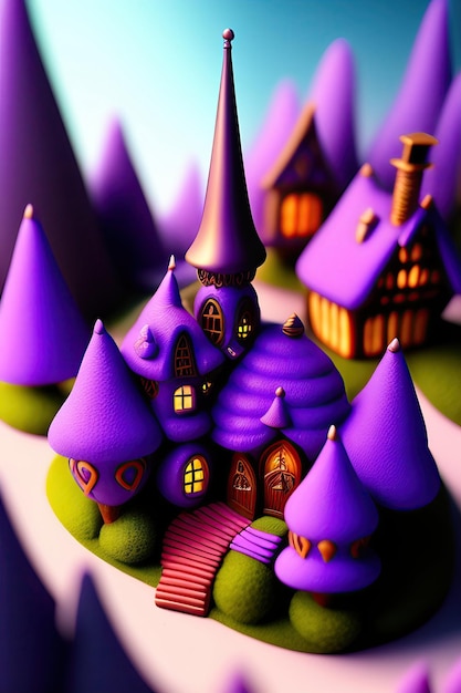 Fairy tale purple elf village Fantasy landscape and unknown legend 3d illustration