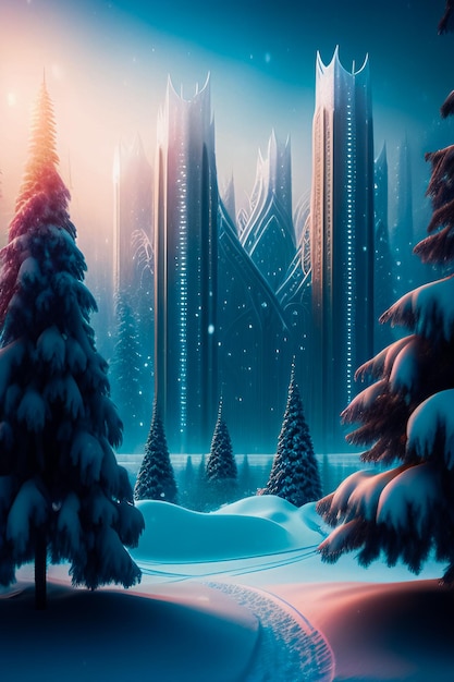 Photo fairy tale tall skyscraper  with background, mountains, and trees with snow soothing scene