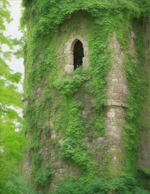 石とツタの成長図で作られたおとぎ話の塔の壁