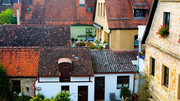 The fairy tale town of Rothenburg in Bavaria, Germany overlooks the buildings and streets in the city