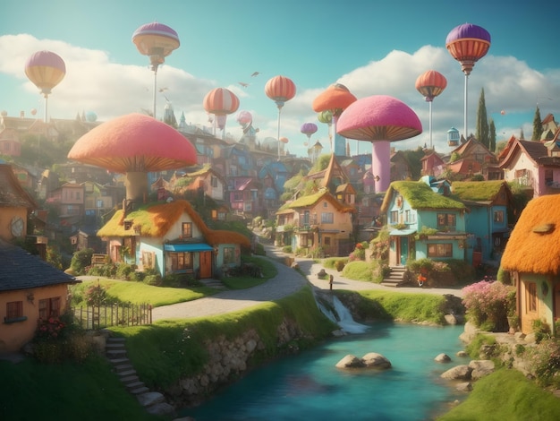 Fairy Town Cartoonstyle scene Cute and Cozy Neighborhood