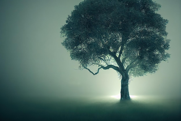 Сказочное дерево в тумане Старое волшебное дерево с большими ветвями и оранжевой растровой иллюстрацией 3D рендеринга