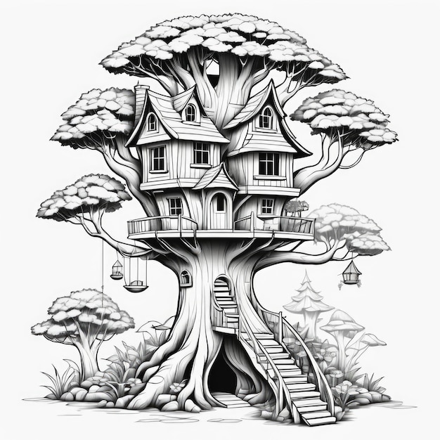 Photo fairy treehouses coloring page art for kids