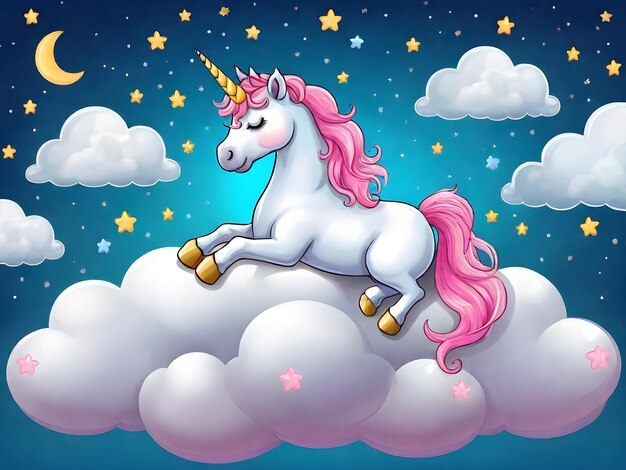 Photo fairy unicorn with pink mane sleeps on a cloud